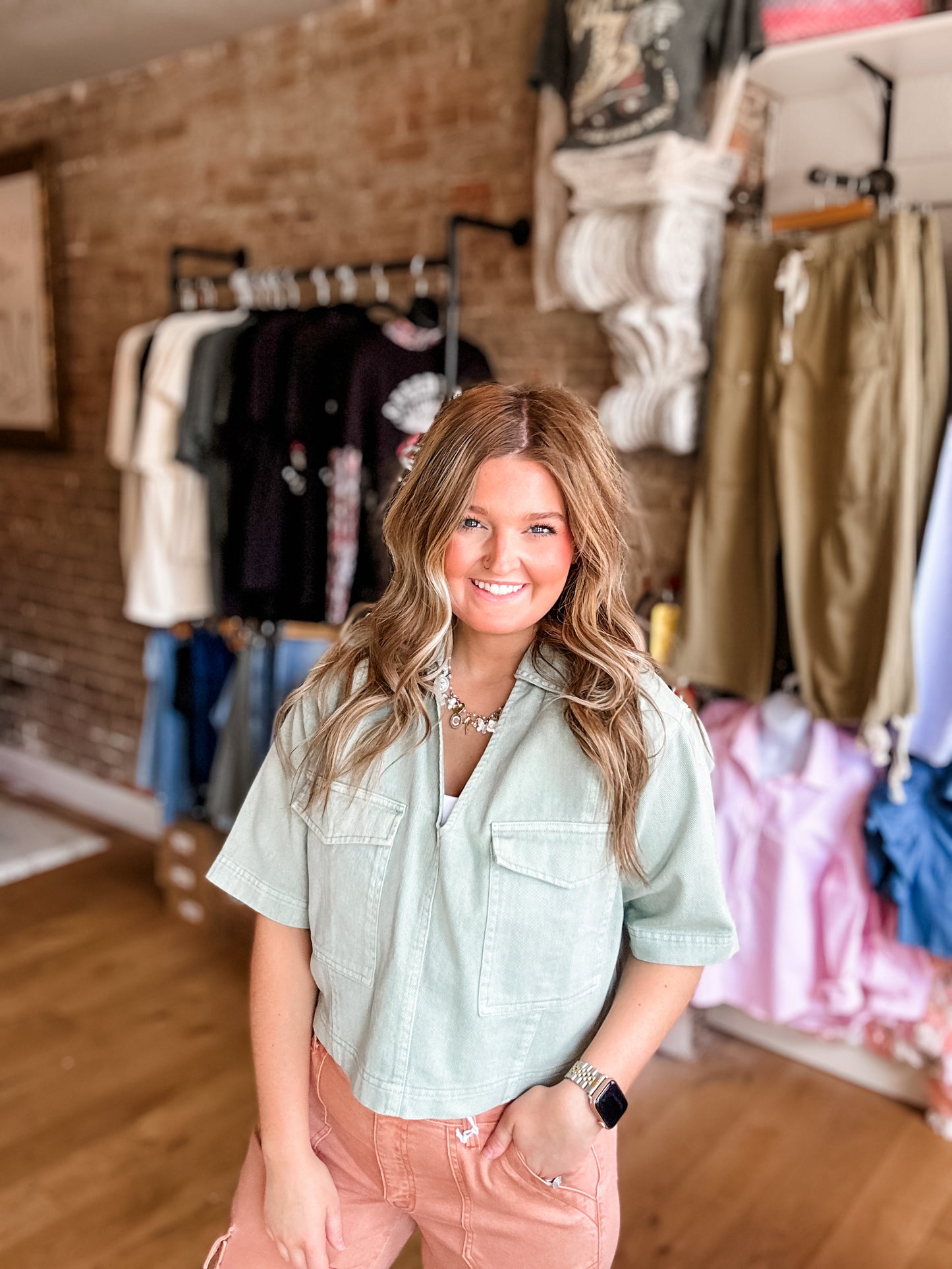 Camille Sage Green Denim Top