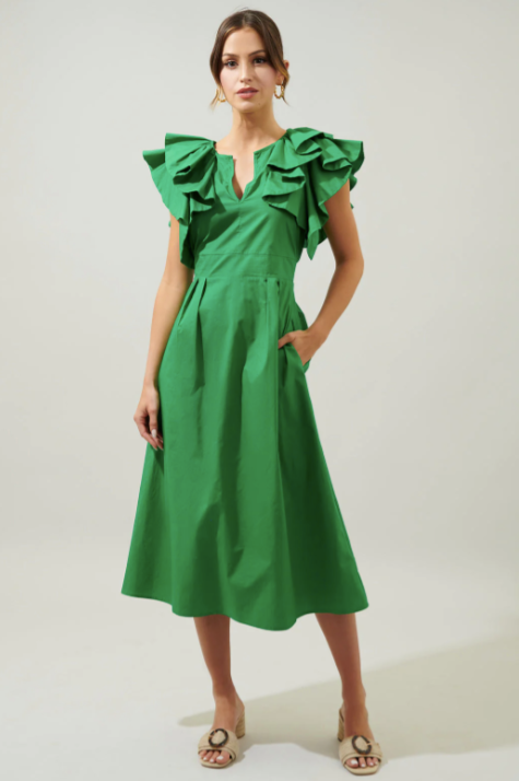 Santana Ruffle Sleeve Midi Dress